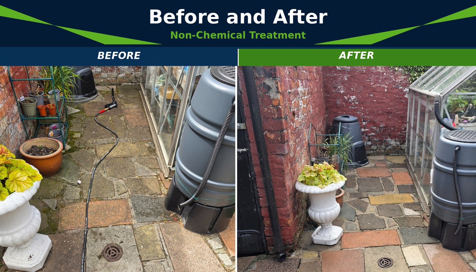 Before and after non-chemical water-only patio cleaning treatment